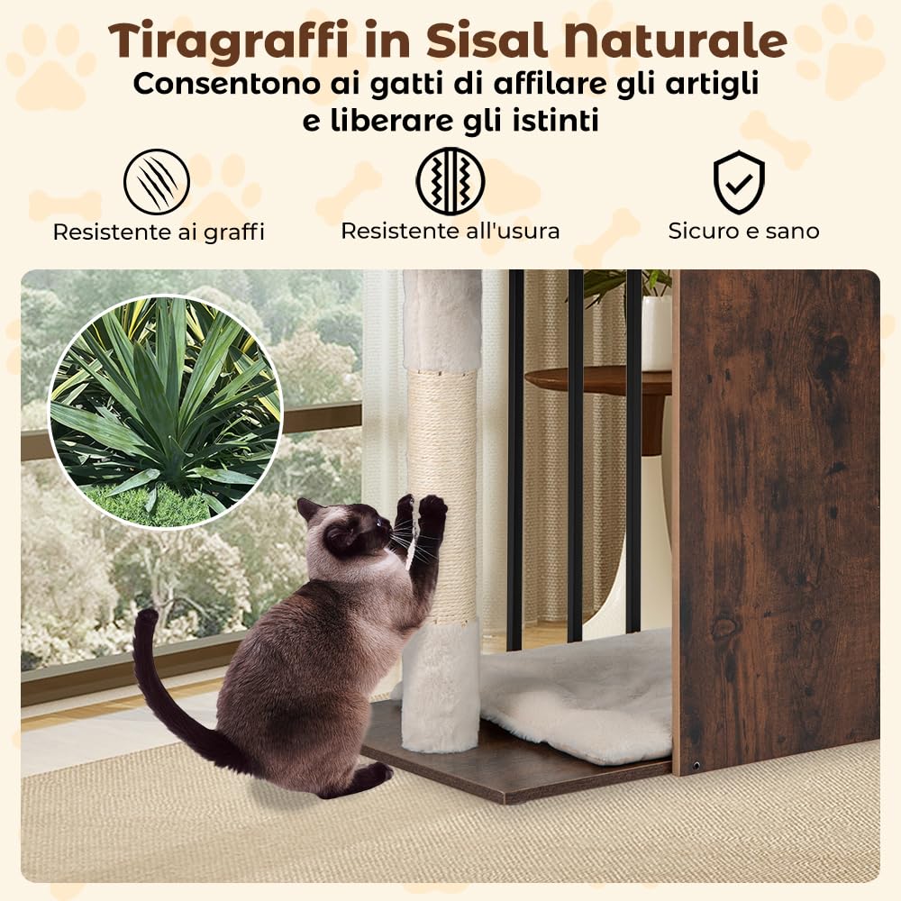 COSTWAY Albero per Gatti Alto 112 cm, Tiragraffi per Gatti in Legno con Posti a Grattare in Sisal, Palline Appese, Cuscini Morbidi Rimovibili e Lavabili, Tiragraffi Gatto per Arrampicata
