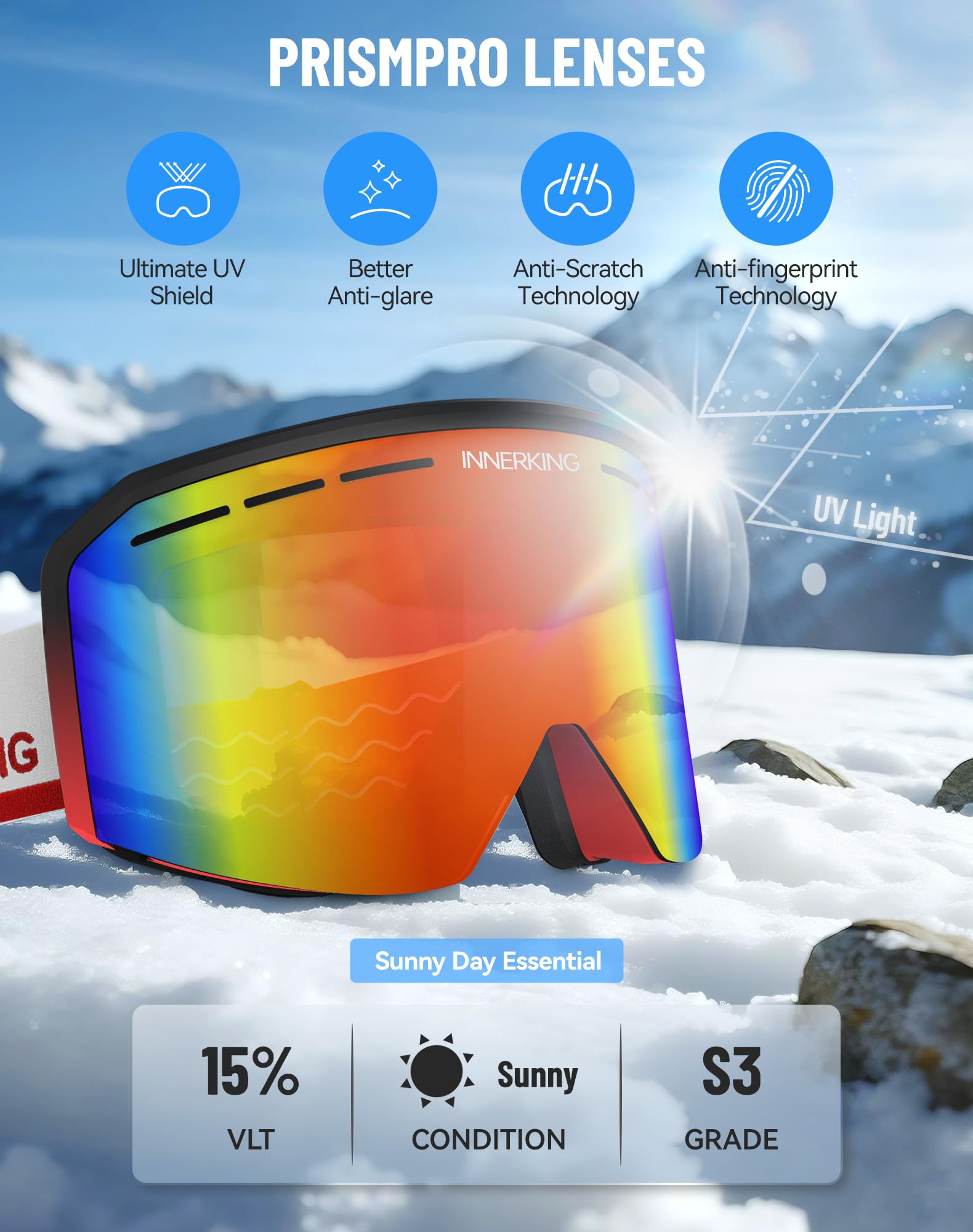 Innerking Occhiali da sci/snowboard OTG per uomini, donne e ragazzi – Occhiali da neve anti-appannamento 100% UV400 protezione GR15