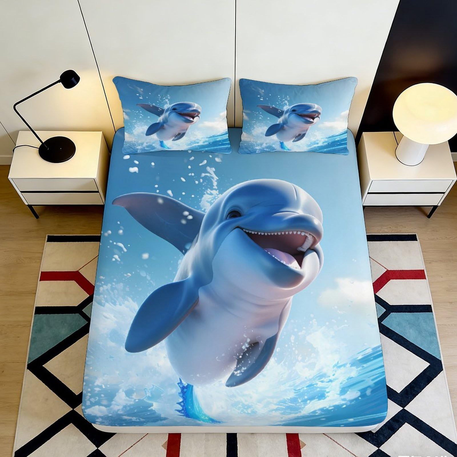 3D Printed Dolphin Ocean Fitted Sheet Microfiber Blue Sea Waves Mattress Cover for Bedroom Guest Room Decor 90x200x25cm