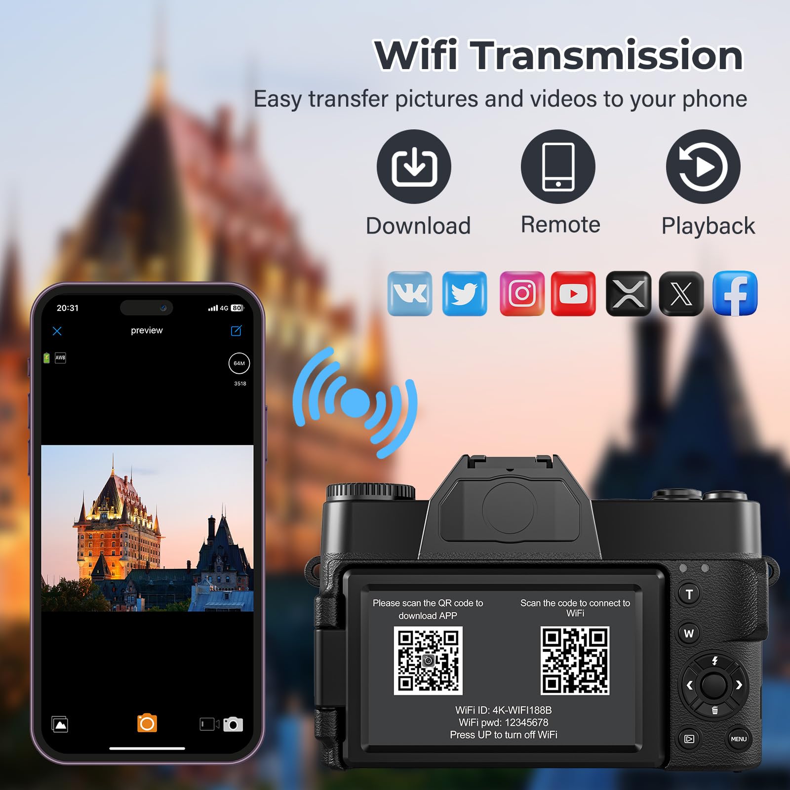4K Digitalkamera mit WLAN, 75MP Kompaktkameras - 3 Inch 180 Grad Autofokus Wiederaufladbare Vlogging Fotoapparat Kamera mit WiFi Micro SD Karte &2 Akkus, 16X Digitalzoom für Anfänger