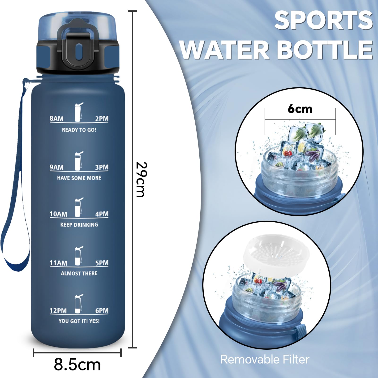 Botella De Agua Con Filtro 1 Litro - Cantimplora Reutilizable Con Marca De Tiempo Y Anti-fugas | Para Deporte, Escuela Y Gym