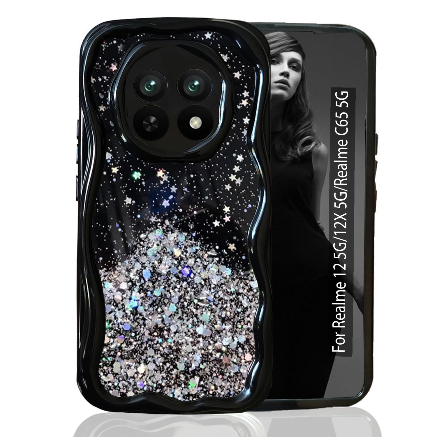 KC Back Cover for Realme 12 5G, Realme 12X 5G, Realme C65 5G & Narzo 70X 5G - 3D New Curly Wave Dry Fixed Non Moving Starry Glitter Shockproof Bumper Soft Silicone Case with Camera Protection (Black) (B0D4ZCHNQZ) Amazon Price History, Amazon Price Tracker