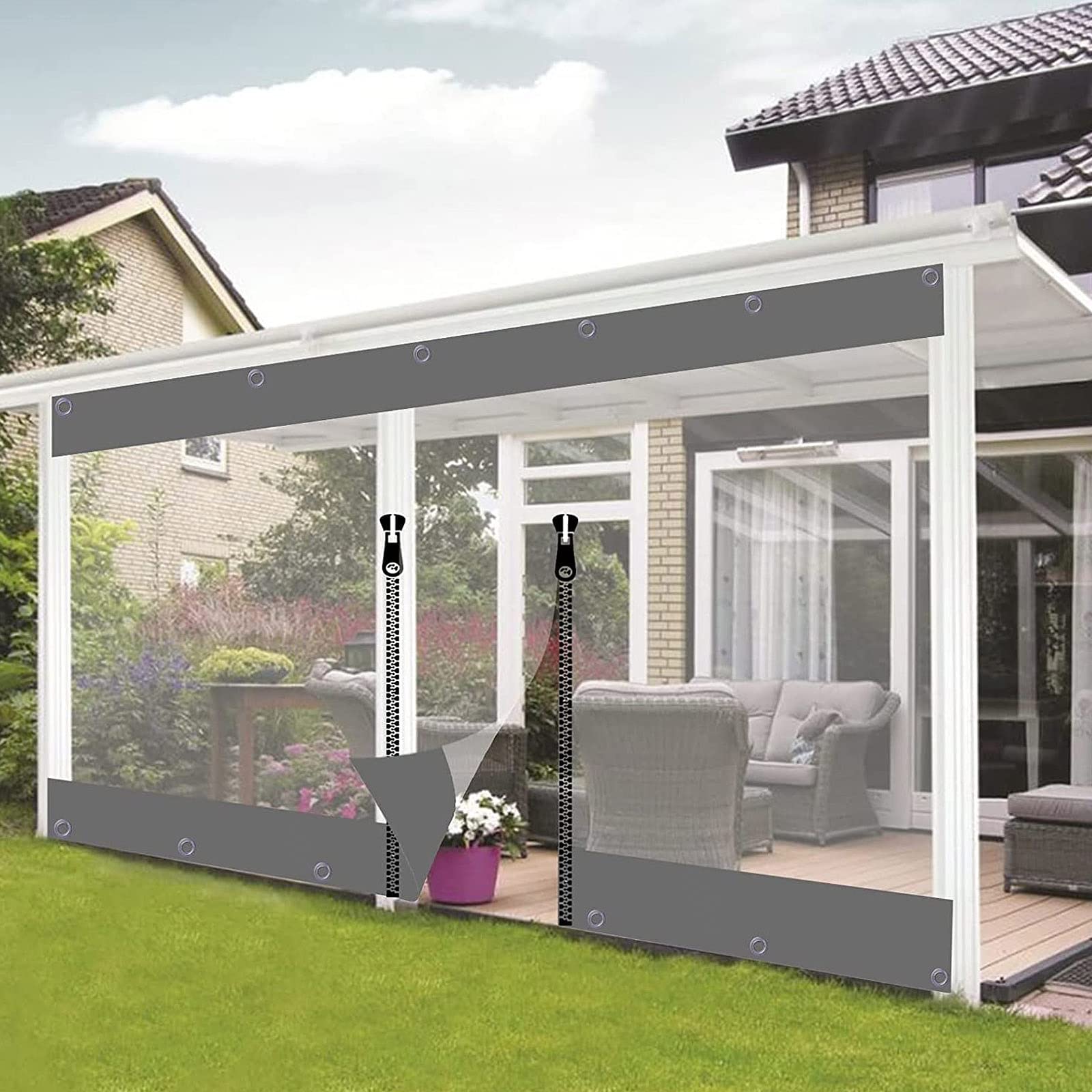 Rideau Extérieur Imperméable PVC Transparent 0,3 Mm - 2,3x3,5 M, Avec Fermeture à Glissière