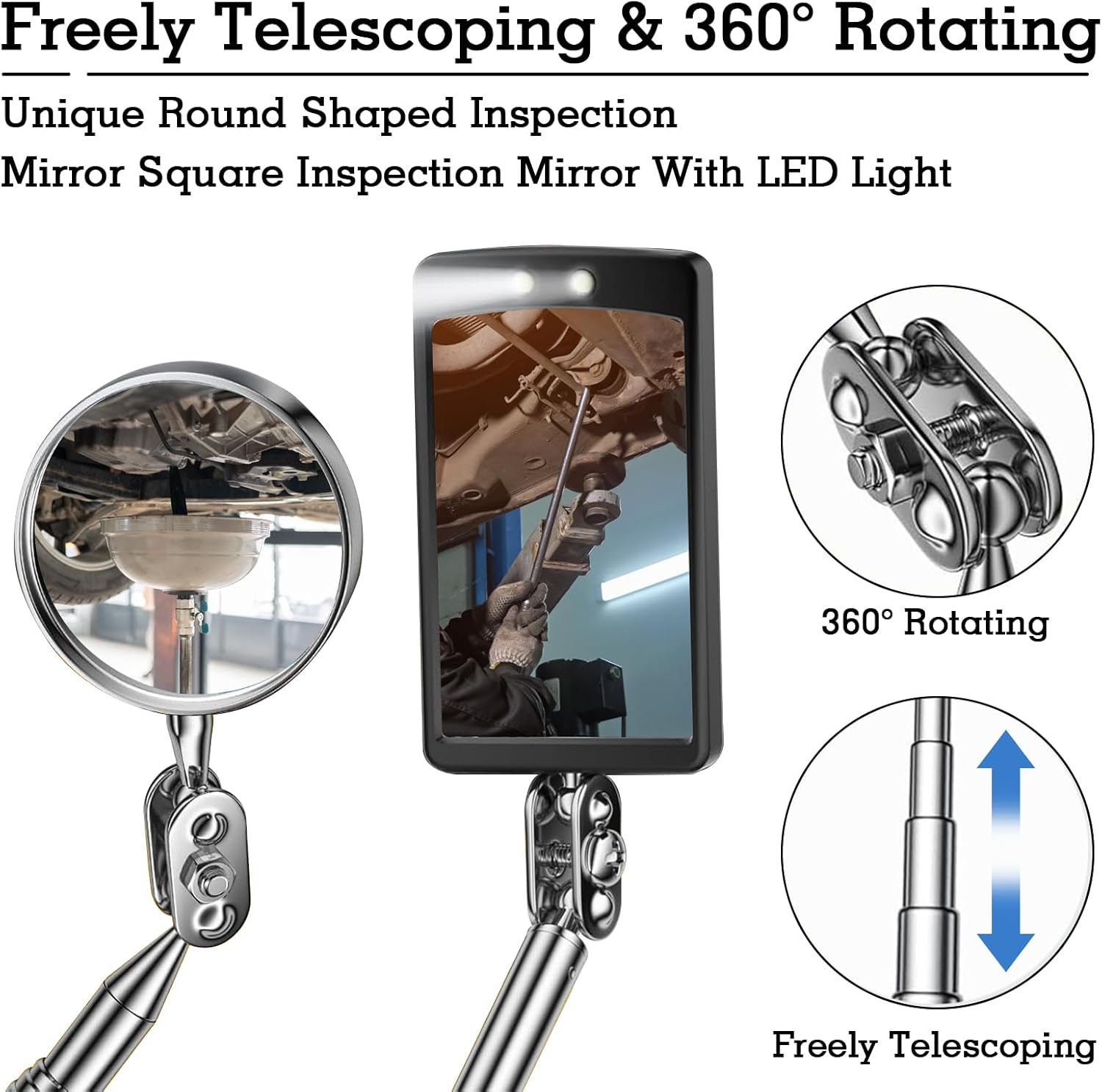 5 Pcs Telescoping Magnetic Pickup Tool Set with 1&15 lb Pickup Rod, Round and Square 360 Swivel Adjustable Inspection Mirror & Mechanic's Telescopic Flexible Flashlight, Gifts for Him, Husband, Men