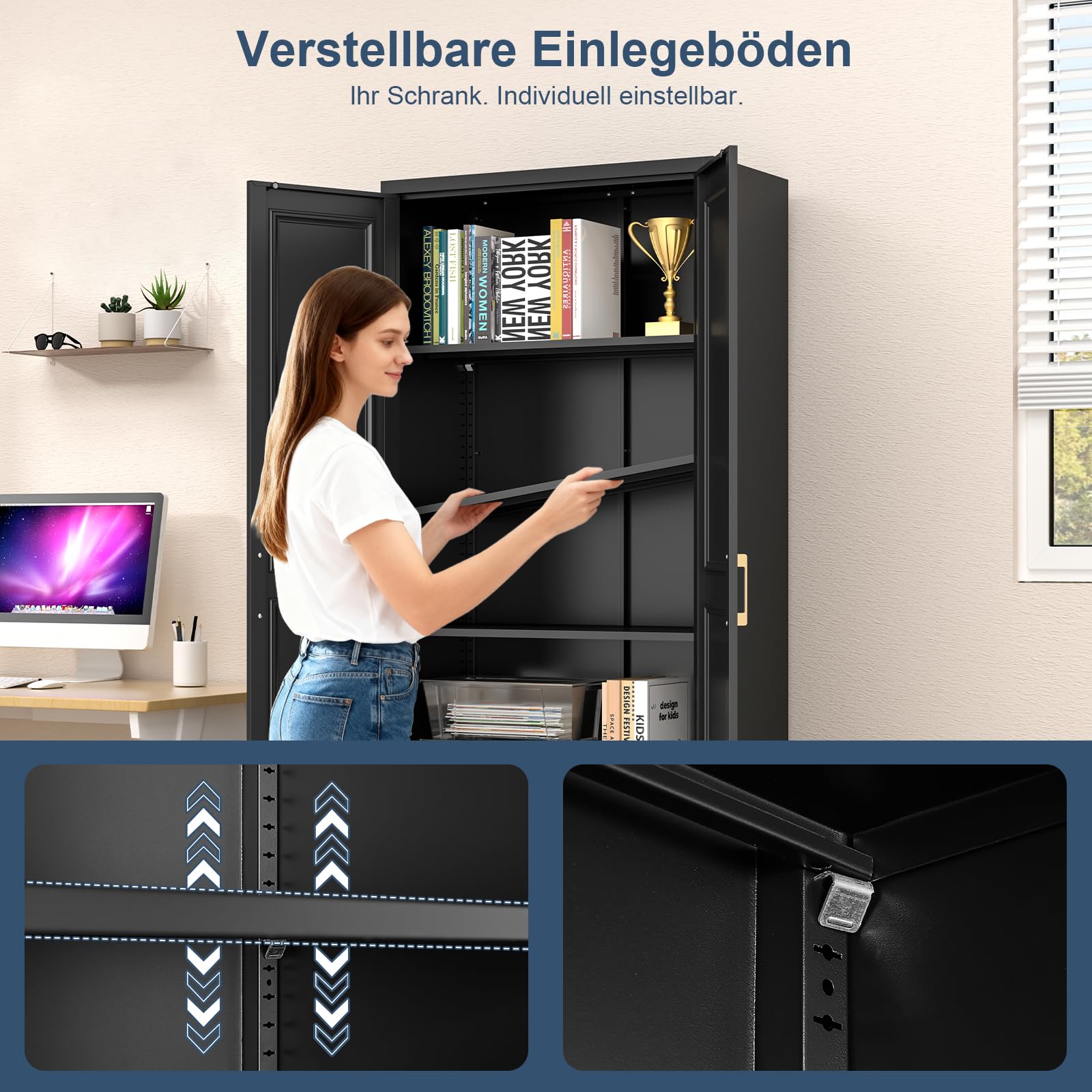 Metallschrank,190 x 80 x 40 cm Aktenschrank mit 4 verstellbaren Einlegeböden Stahlschrank Aufbewahrungsschrank mit 2 Türen Mehrzweckschrank für Schule Haus Büro Garage Schwarz