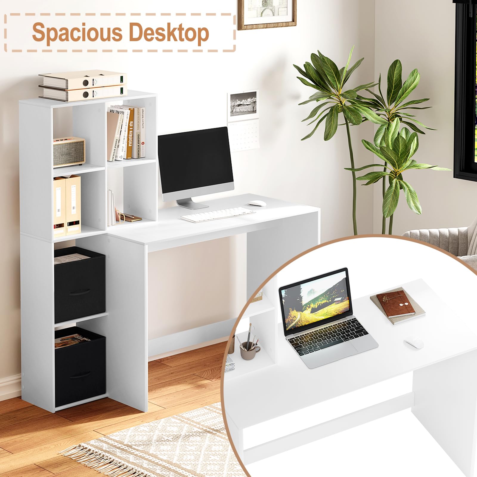 WOLTU Schreibtisch mit Regal & 2 Stoffboxen, Weiß, 140x50x134 cm | Offenes Stauraum, Geeignet für Homeoffice Schlafzimmer Wohnzimmer