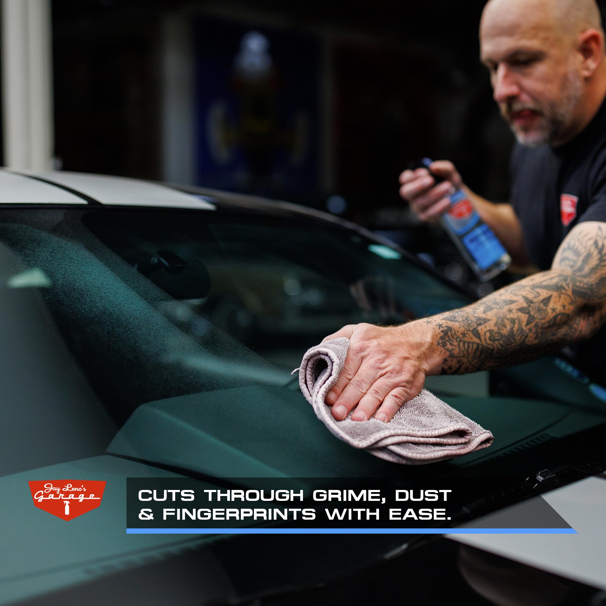 Jay Leno's Garage Glass Cleaner Spray – Streak-Free Auto Glass Cleaner for Cars, Automotive Window Cleaner for Car Windows, Windshields & Mirrors, Tint-Friendly Interior & Exterior Glass – 16 oz