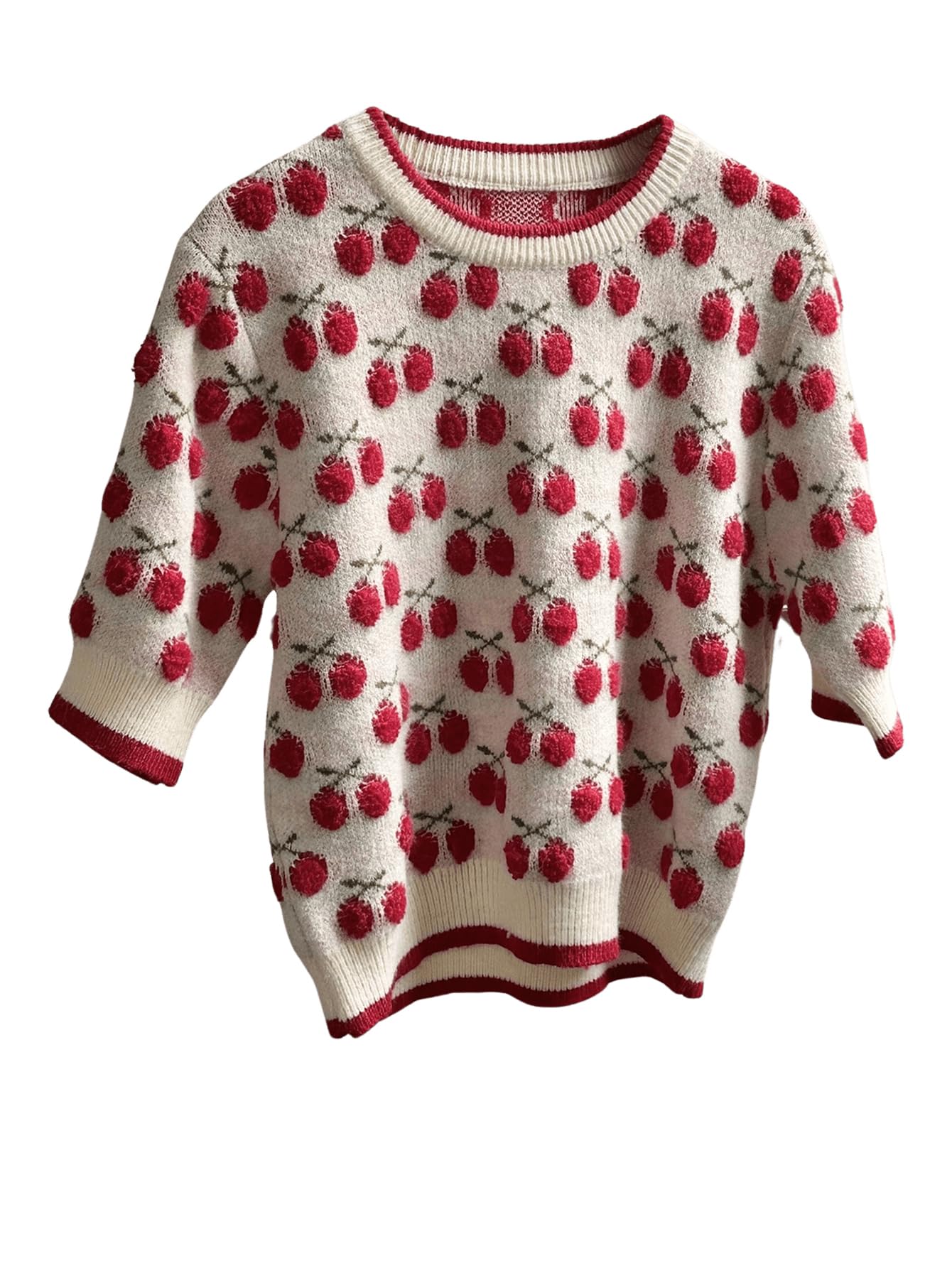 Verdusa Womens Cherry Embroidery Cute Cozy Sweaters 3 4 Sleeve Knit Pullover Tops