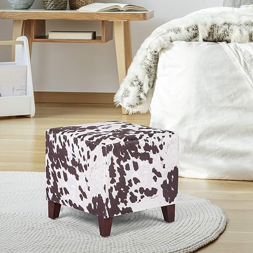 Miniatura 22 de Reposapiés otomano redondo de tela de lino, asiento pequeño con patas de pino para dormitorio, sala de estar (azul) Azul,Redondo, vaca