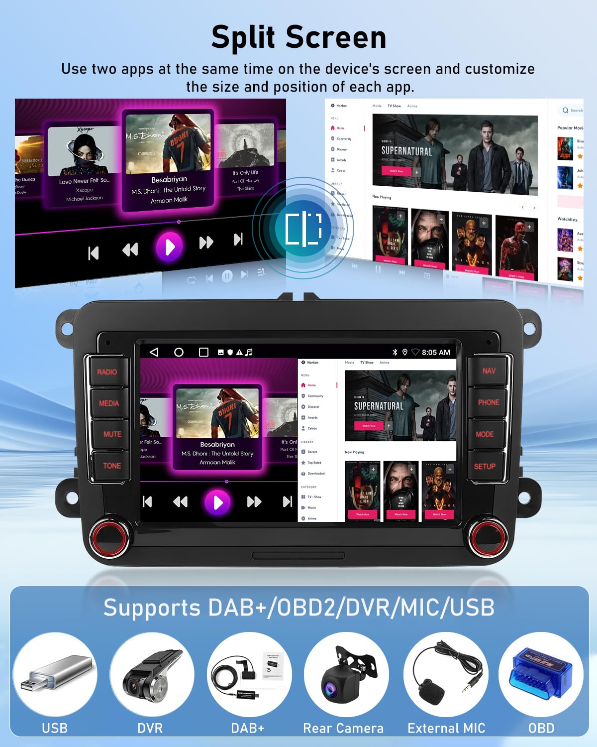 NHOPEEW 7 Zoll 2 + 64G Android Autoradio für VW Passat b6 b7 Golf 5 6 Jetta T5 EOS Polo Touran Seat Sharan - Unterstützung Drahtlos Carplay & Android Auto WiFi GPS FM RDS Mirror Link + Rückfahrkamera
