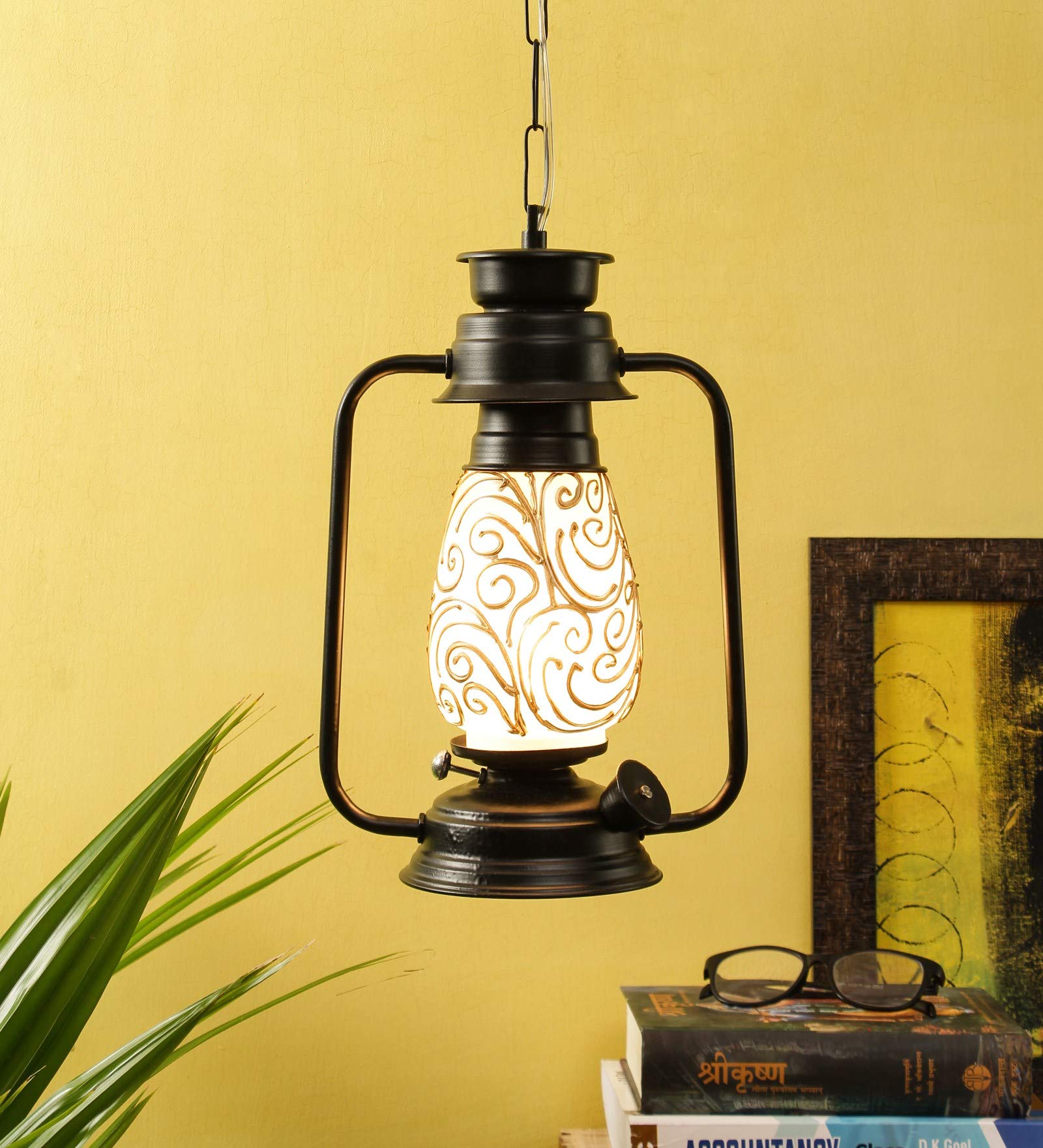 Devansh Black Mosiac Glass Lantern Hanging (Multicolour)
