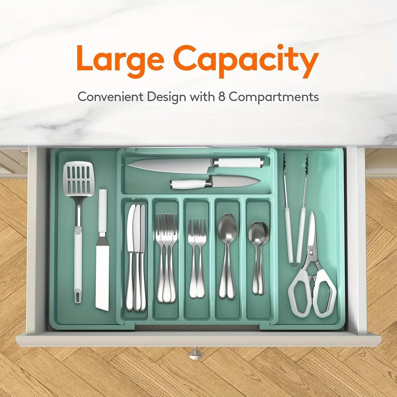 Large Silverware Drawer Organizer, BPA Free Flatware and Cutlery Holder, Large Plastic Kitchen Storage for Spoons Forks Knives, Adjustable Flatware Cutlery Holder(Pink)