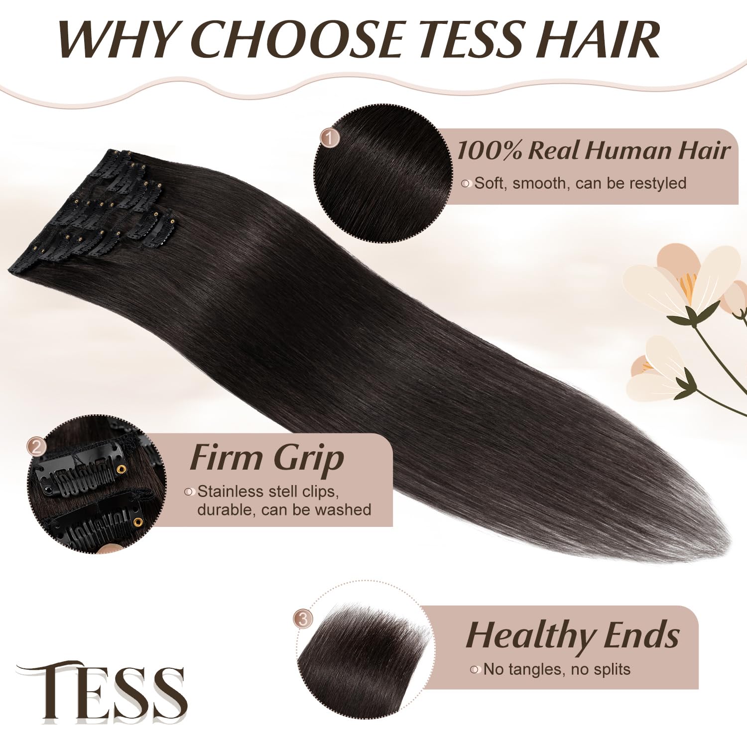 TESS Clip in Hair Extensions Real Human Hair 8 Pieces 18 Clips Natural Straight Handmade Seamless Instant Volume & Length for Women UK #1B Natural Black #18 inch 140g - Image 3