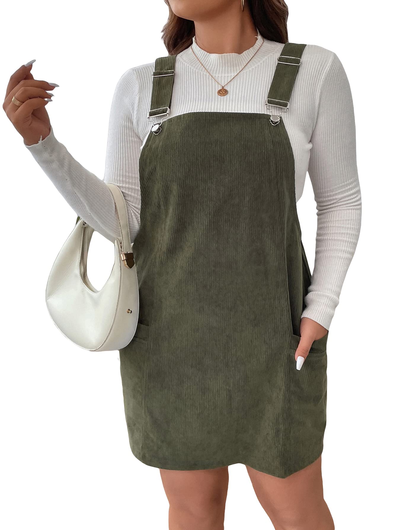 WDIRARA Women's Plus Size Corduroy Sleeveless Short Pinafore Overall Dress with Pocket