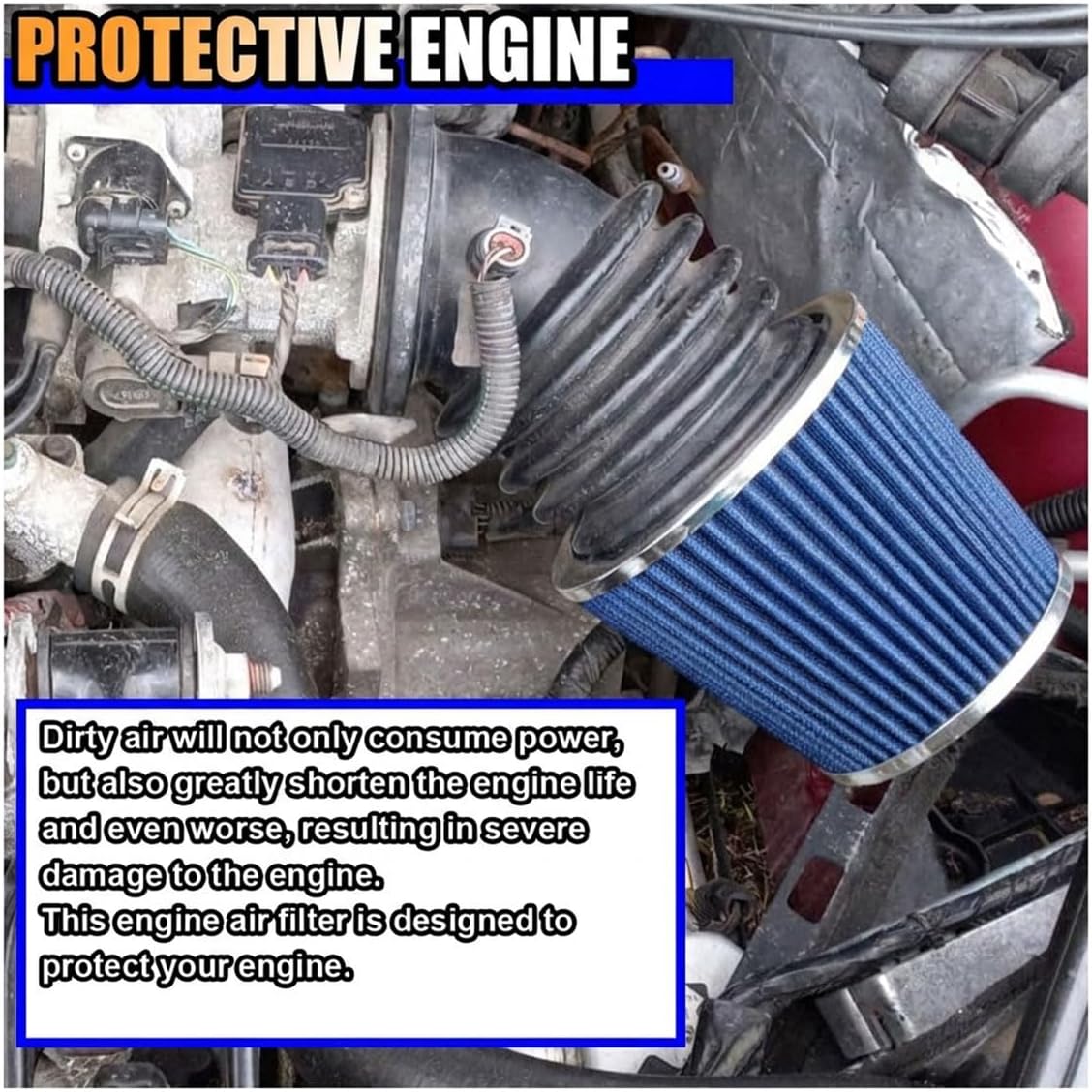 Universal Clamp-On Air Intake Filter, High Flow Closed-Top Cool Air Filter Cleaner, 76MM Performance Round Tapered Cone Air Filters, Washable Replacement Filter for Car Truck (76MM/Silver&Blue)
