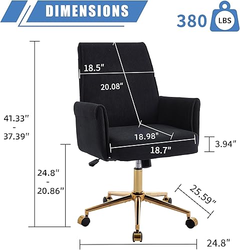 Miniatura 3 de YITAI Stripes Velvet 360°Swivel Desk Chair, Modern Height Adjustable Home Office Armchair with Gold Base and Wheels for Vanity, Comfy Computer Chair