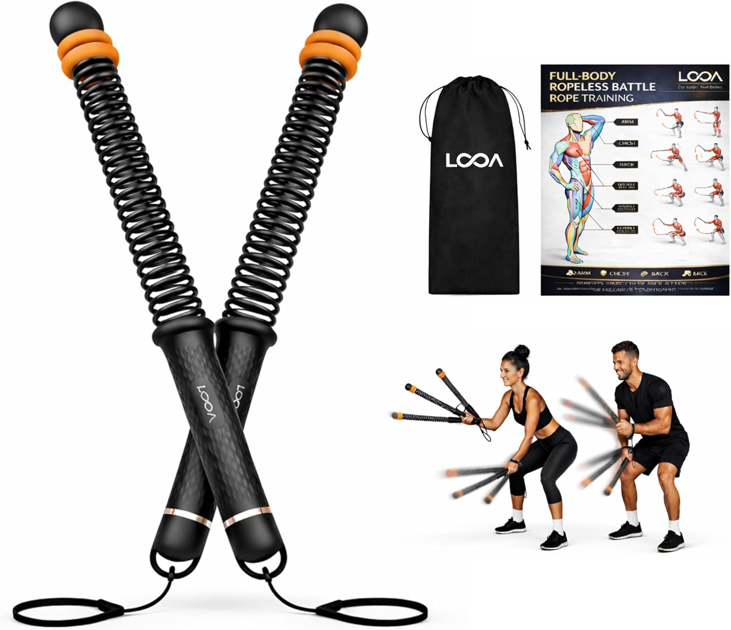 LOOA Ropeless Battle Ropes (2 Pack) Adjustable Weighted Cordless Battle Rope for Home Gym, HIIT & Cardio, Low Impact Workout Equipment, Non Slip Handles, Storage Bag, Training Poster, Men Women