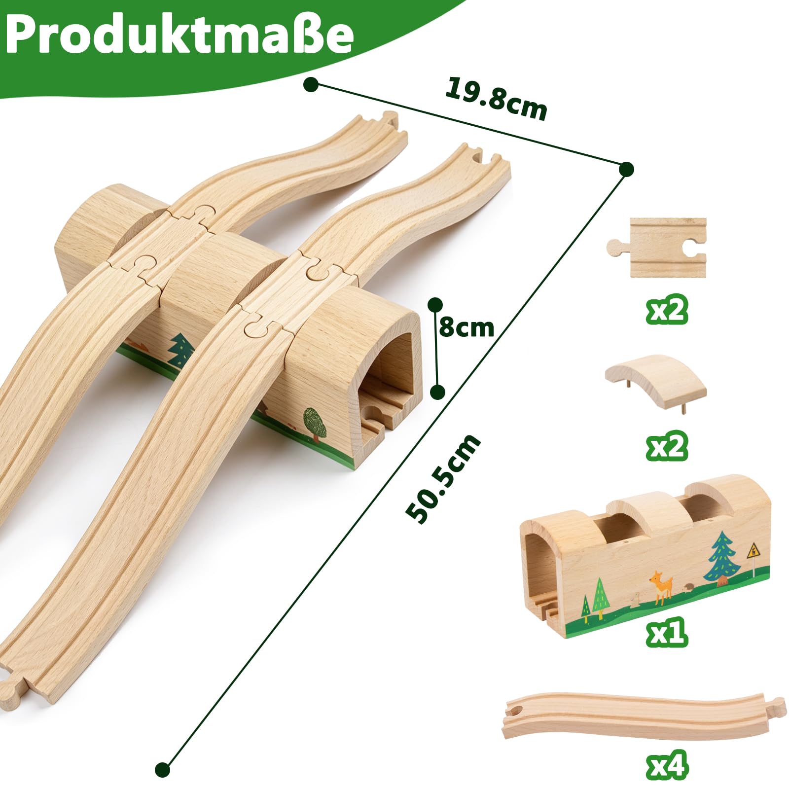 Ensemble tunnel et pont en bois avec rails en S, accessoires de pont de chemin de fer en bois, compatible avec les principales marques de chemins de fer, jouets pour enfants à partir de 3 ans (animaux