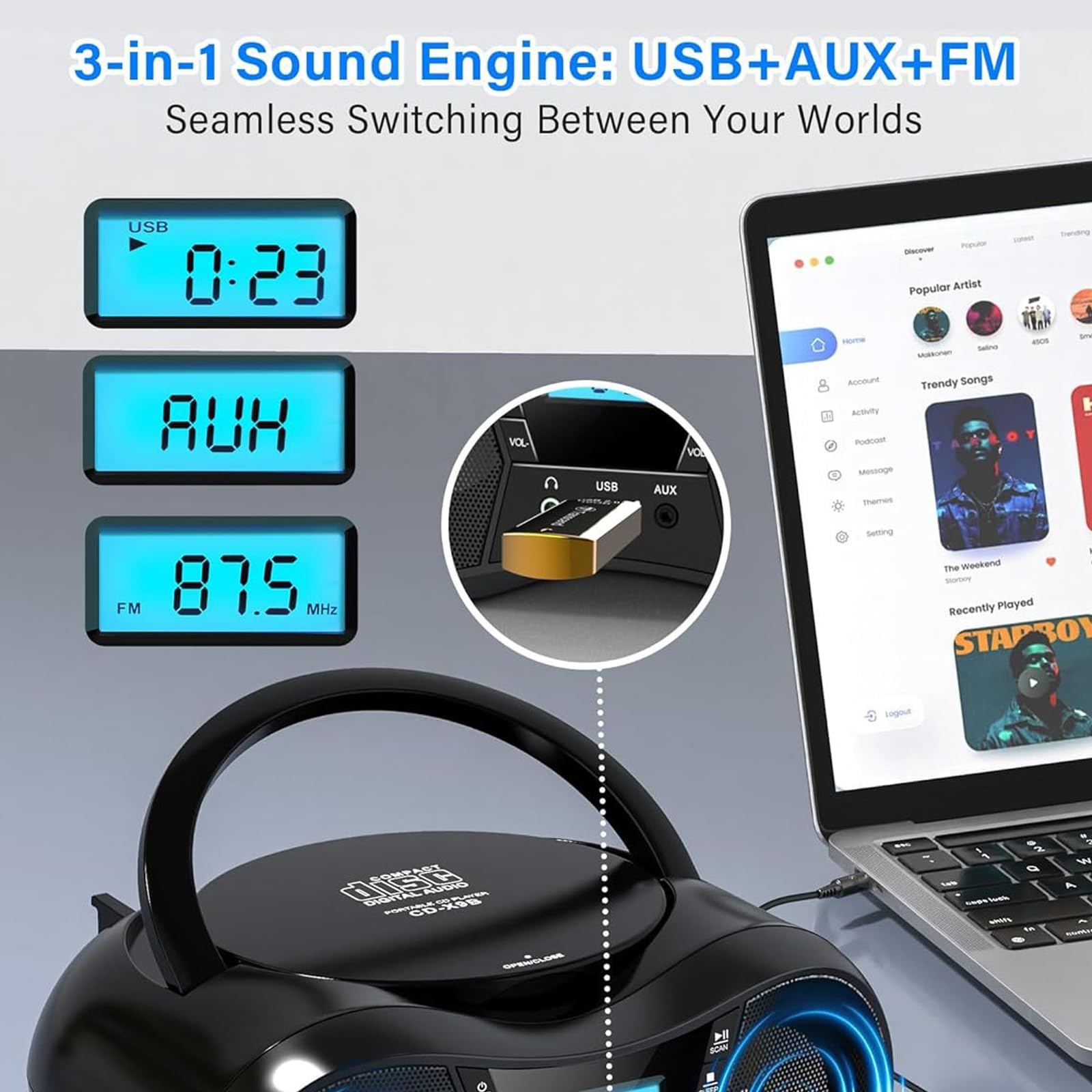 Reproductor de casetes Bluetooth CD Boombox Radio portátil, con asa, Altavoces estéreo duales, Compatible, admite AUX/USB/Auriculares.