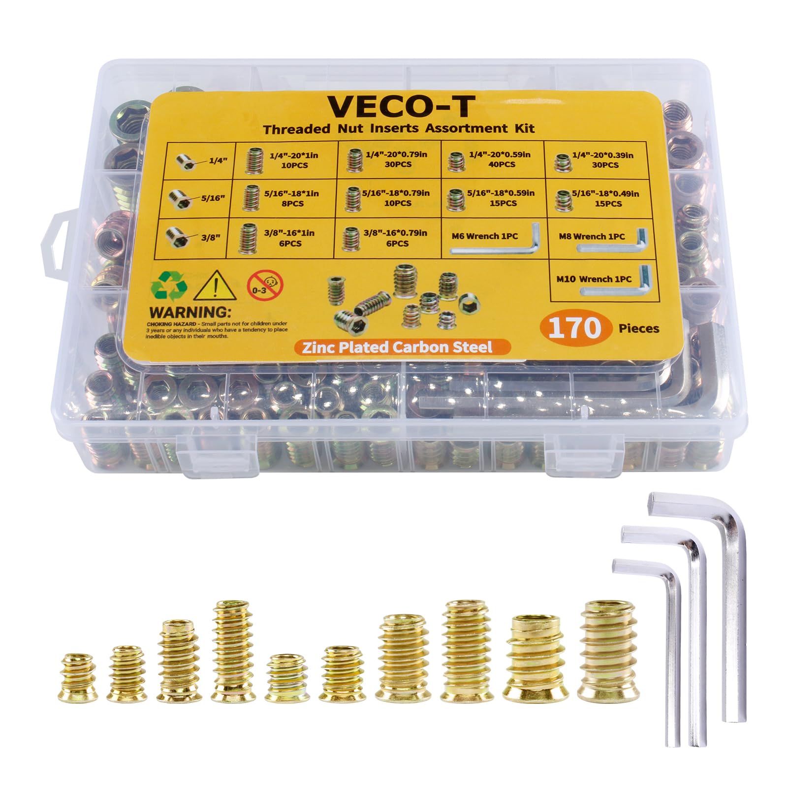 Photo 1 of 170 PCS Threaded Inserts for Wood Assortment Kit - 10 Sizes (1/4"-20, 5/16"-18, 3/8"-16) with M6/M8/M10 Hex Wrenches - Steel Inserts for Furniture Screws, Wood Furniture & Cabinet