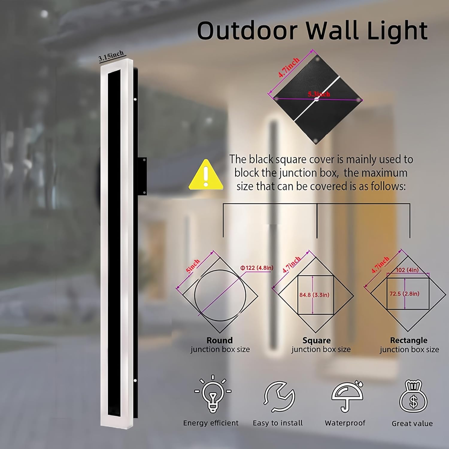 Outdoor Long Strip Modern LED Wall Lighting Fixture Lamps, White Acrylic IP65 Anti Rust ，Long Strip Black Outdoor Lighting Acrylic Porch Wall Lights Fixture for Patio Garage(Cool White, 24 INCH)