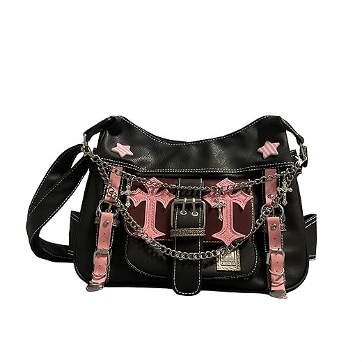 Y2K Messenger Bag for School Women Teen Girls Punk Cross Pins Chain Leather Tote Bag Crossbody Bag Y2K Accessories Bag (Black Pink)