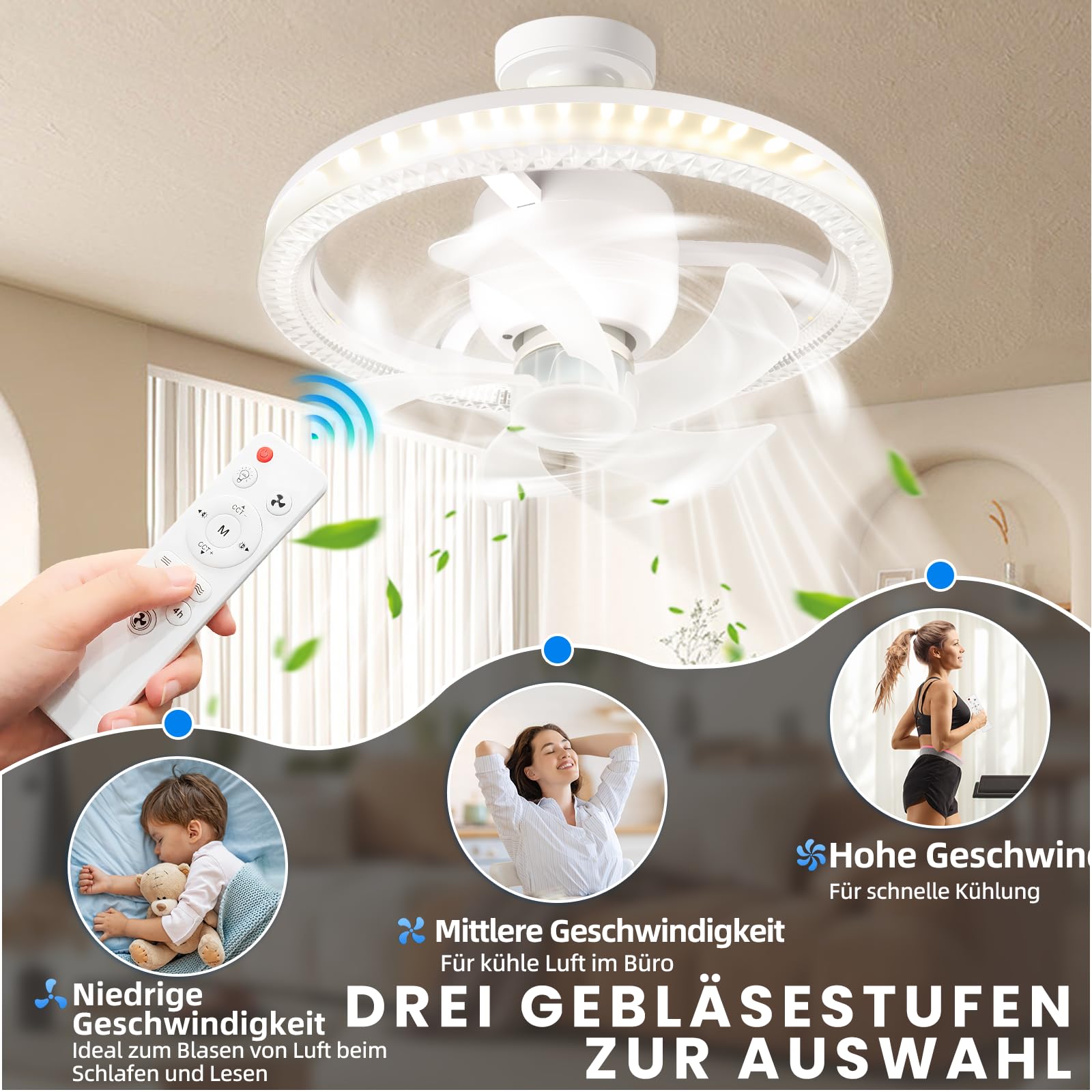 YOOHBERRYS Deckenventilator mit Beleuchtung, Deckenventilator Klein mit Lampenfassung E27, Lampe mit Ventilator, Ventilator mit Dimmbar, 360° Rotation, Timer und 3 Windstufe (30cm*17.5cm)