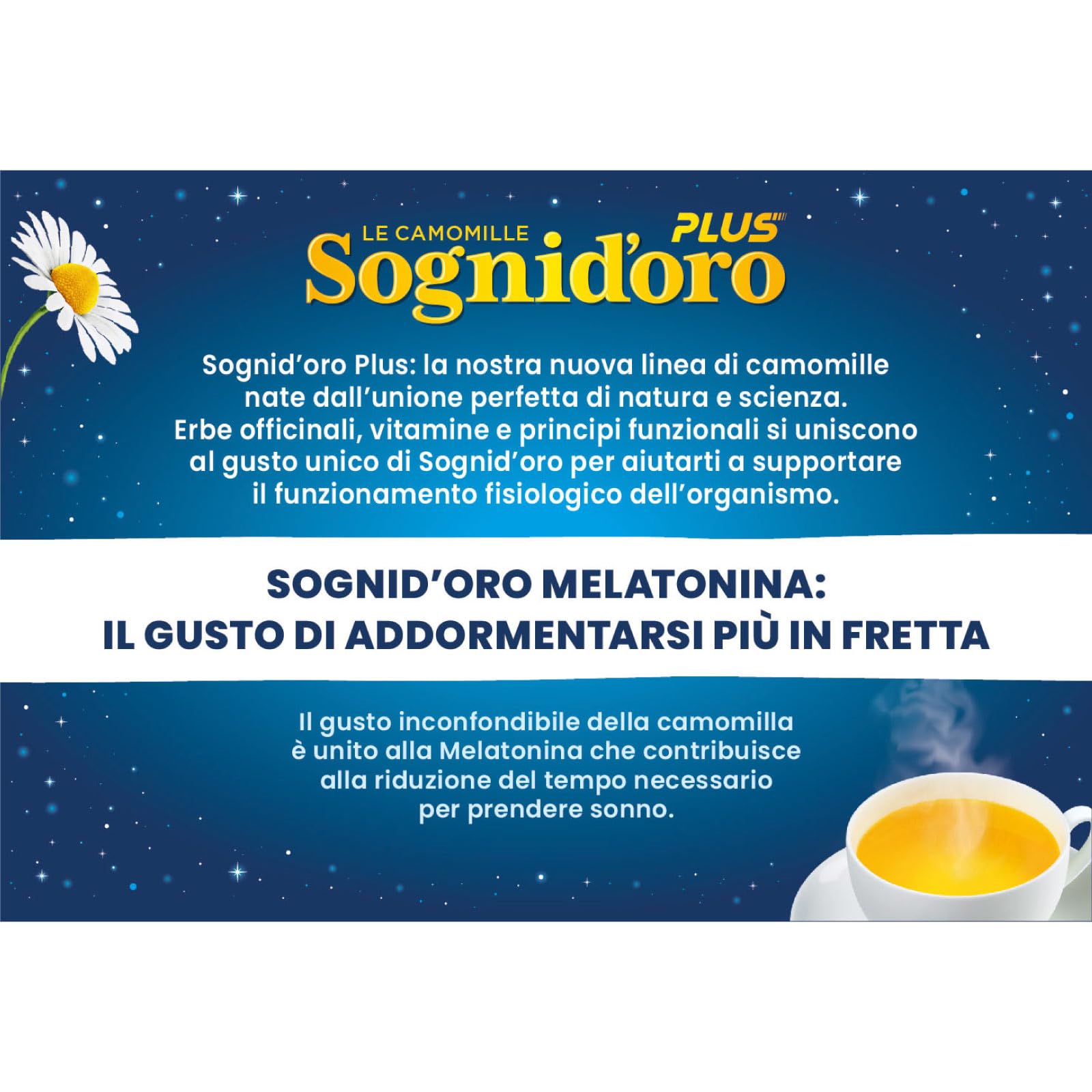 Sognioro Plus Camomille Soluble avec 1 mg de mélatonine sans sucre pour favoriser le sommeil – 6 paquets de 16 sachets
