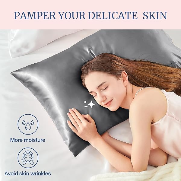 BEDELITE BEDELITE Satin Pillowcase for Hair and Skin, Super Soft and Cooling Similar to Silk Pillow Cases 2 Pack with Envelope Closure, Gift for Women Men(20"x30" Queen Size, Dark Grey) in use