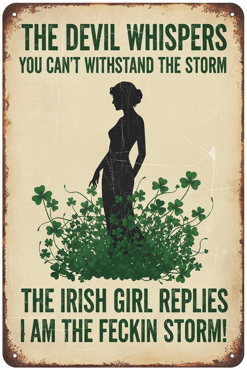 The Devil Whispers You Can't Withstand The Storm The Irish Girl Replies I Am The Feckin Storm Retro Metal Tin Sign Vintage Sign For Home Coffee Wall Decor 8x12 Inch Signs Aluminum Plates Printed