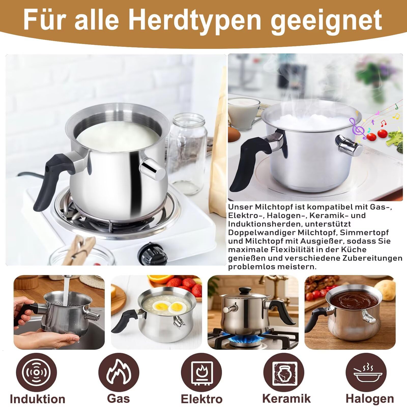 1L Milchtopf mit Deckel für Erhitzen Milch und Soßen, Simmertopf Milchtöpfe aus 304 Edelstahl,für Gas Elektro Induktion,Doppelwandig Kochtopf Wasserbad Schmelztopf