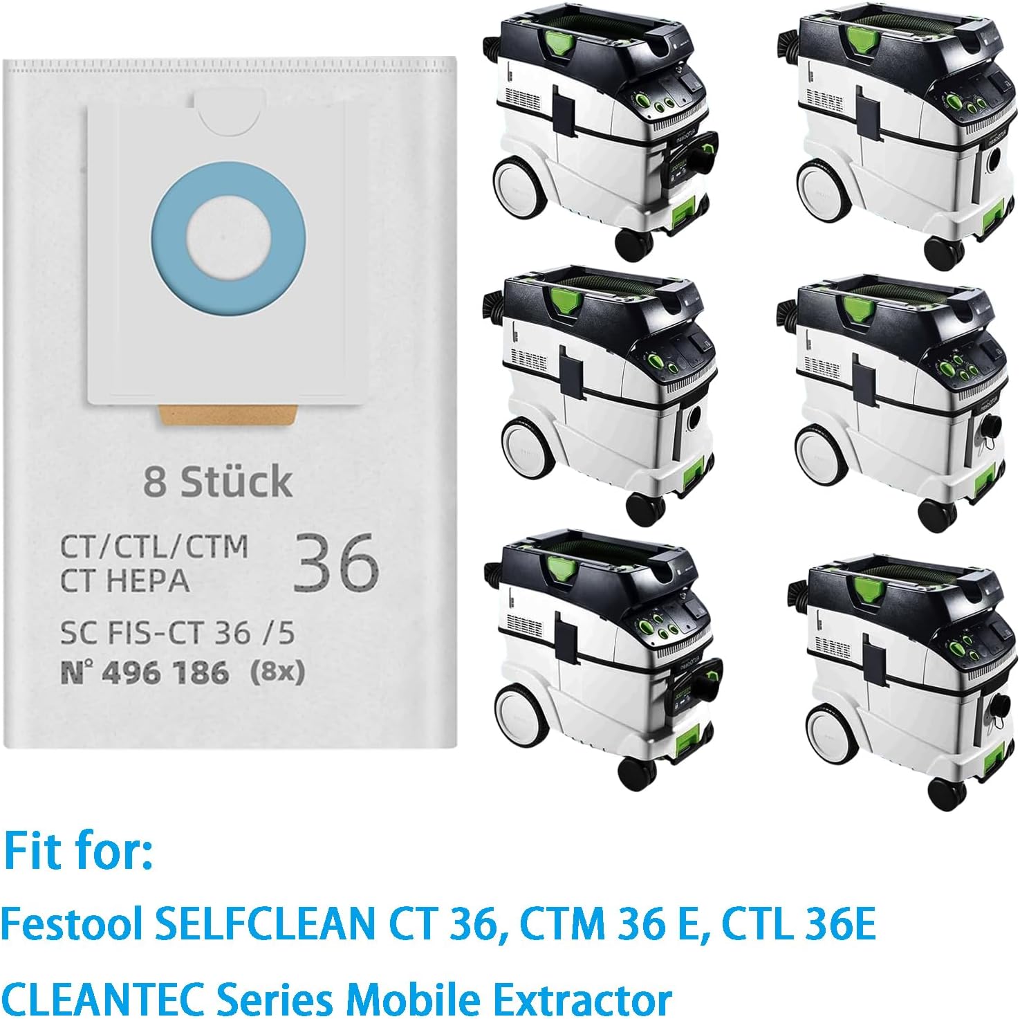 8 Pack 496186 Dust Bags Accessories for Festool CT 36/CTM 36 E/CTL 36E CLEANTEC Series Dust Extractors SC FIS-CT 36/5 Vacuum Cleaner Filter Bag Replacement Parts