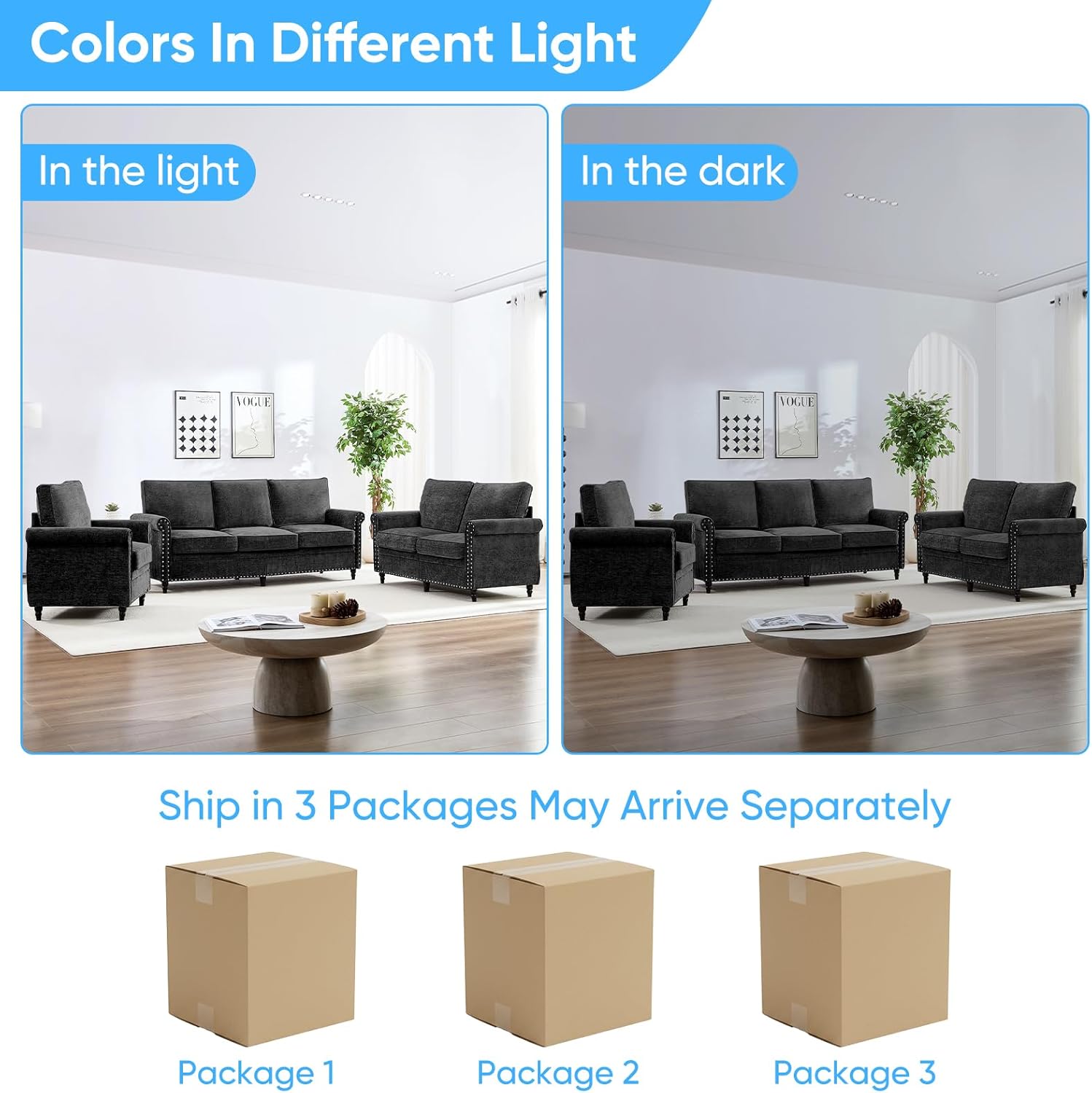 Mjkone 3 Pieces Living Room Sofa Set, Chenille Sofa Couch and Loveseat Chair Set, Sectional Sofas Couch Sets with Wood Frame, Gourd Shape Wood Legs, 6.7" Thicken Cushion, Rivets for Living Room, Black