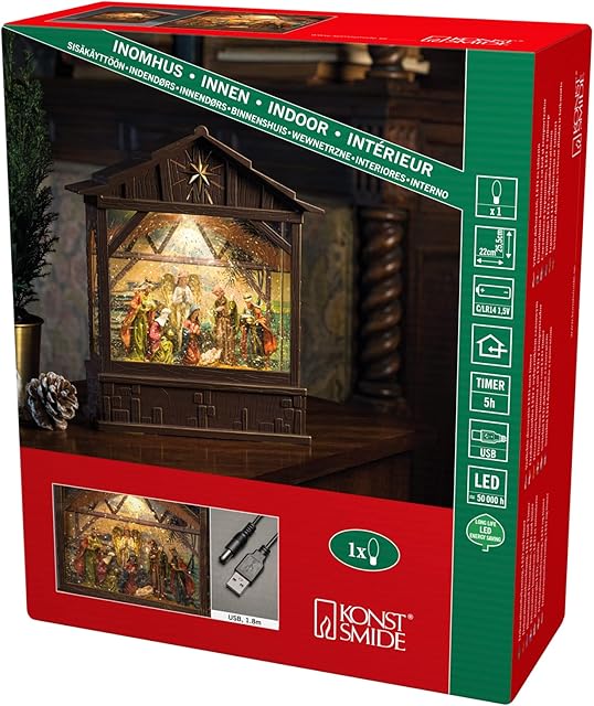 Konstsmide Christmas Decorations LED Snow Globe Lantern Christmas Nativity/Indoor, 5 Hour Timer/Battery Operated: 3xC 1.5V (excl.)/Christmas Lantern 1 Warm White Diodes, One Size, 4274-000