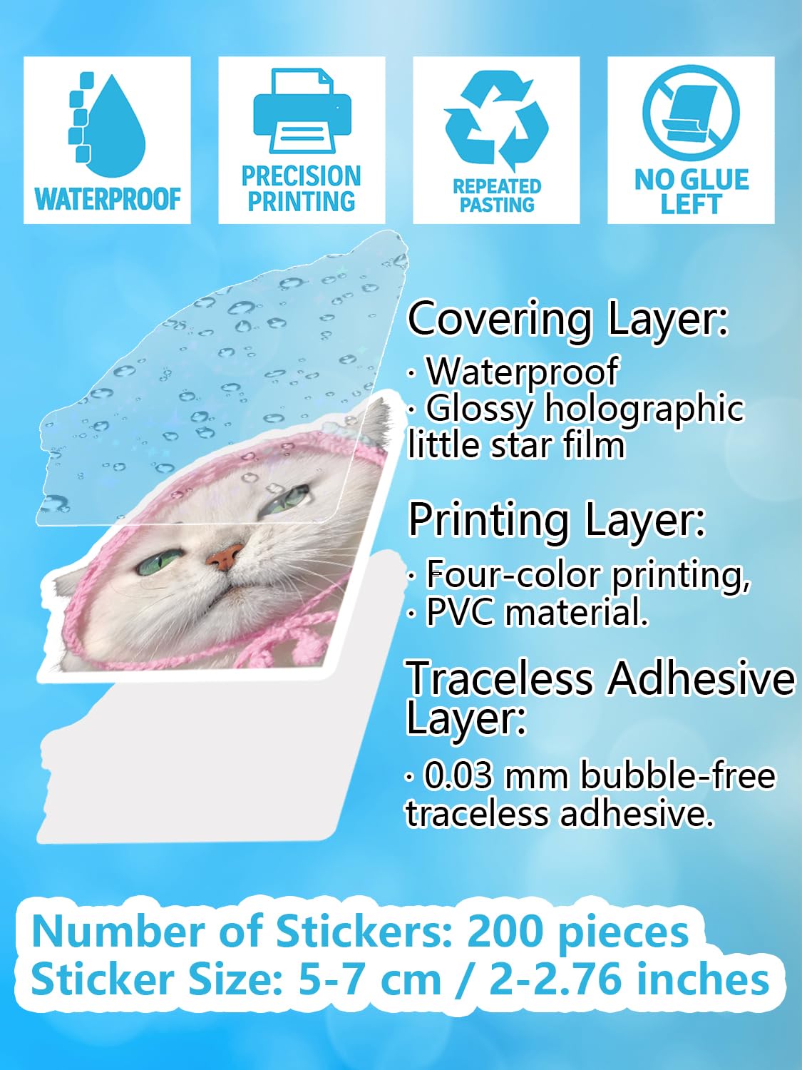 200 Cute Cat Stickers for Water Bottles, Kawaii Vinyl Cat Meme Pack, Glossy Waterproof Decals 2-2.8" - Image 2