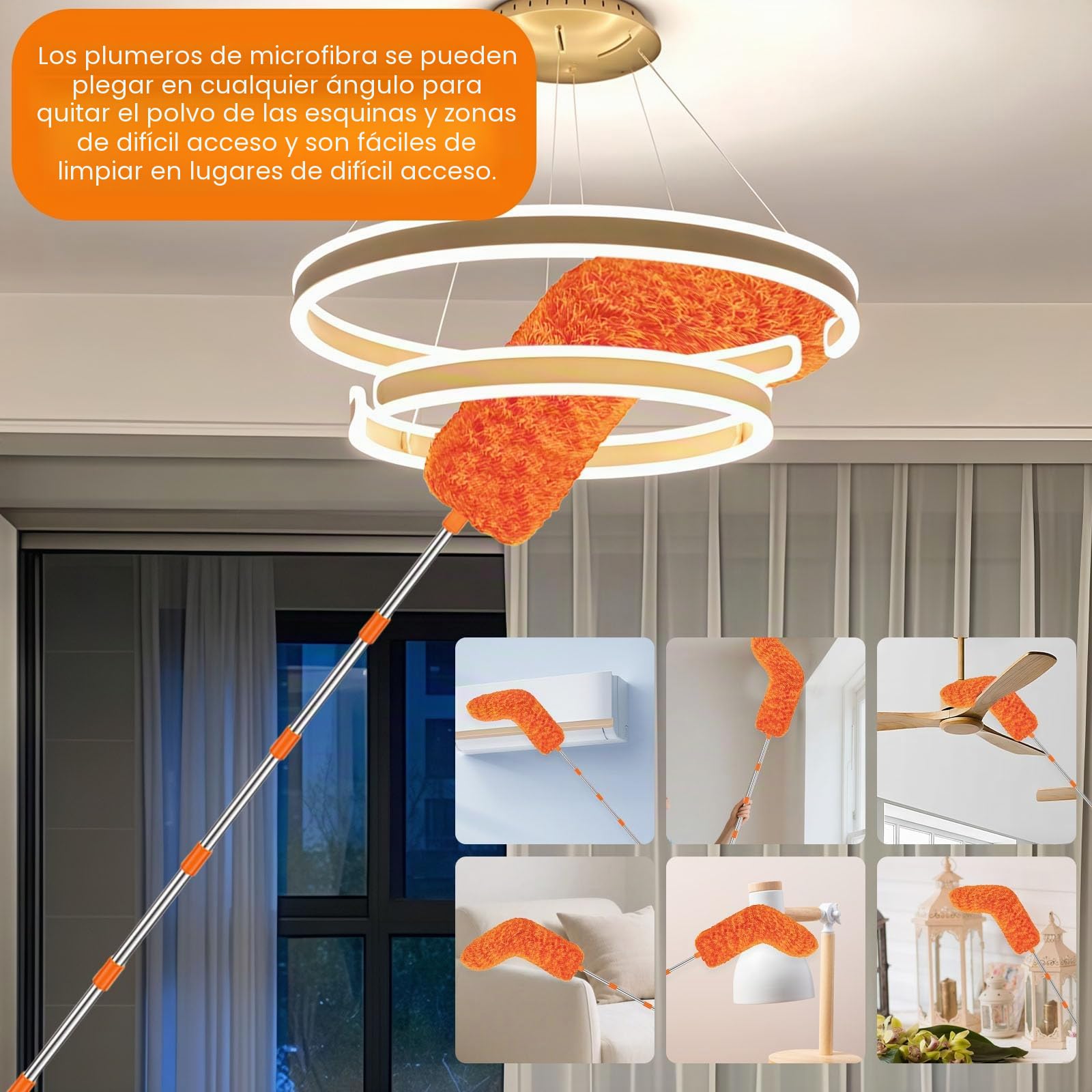 GAESHOW Kit limpiacristales telescópico 4 m, Limpiador de Cristales 2 en 1 con Cepillo de Microfibra y espátula de Goma, Cepillo para la Limpieza de Ventiladores de Techo