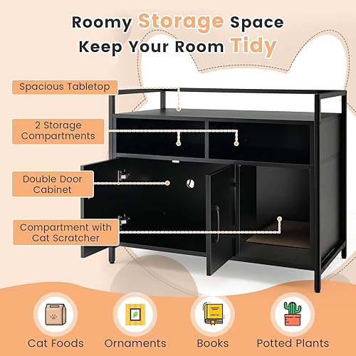 Miniatura 3 de PETSITE Caja de arena, baño de madera para gatos con compartimentos y rascador, caja grande para mascotas, caja de arena oculta para gatos