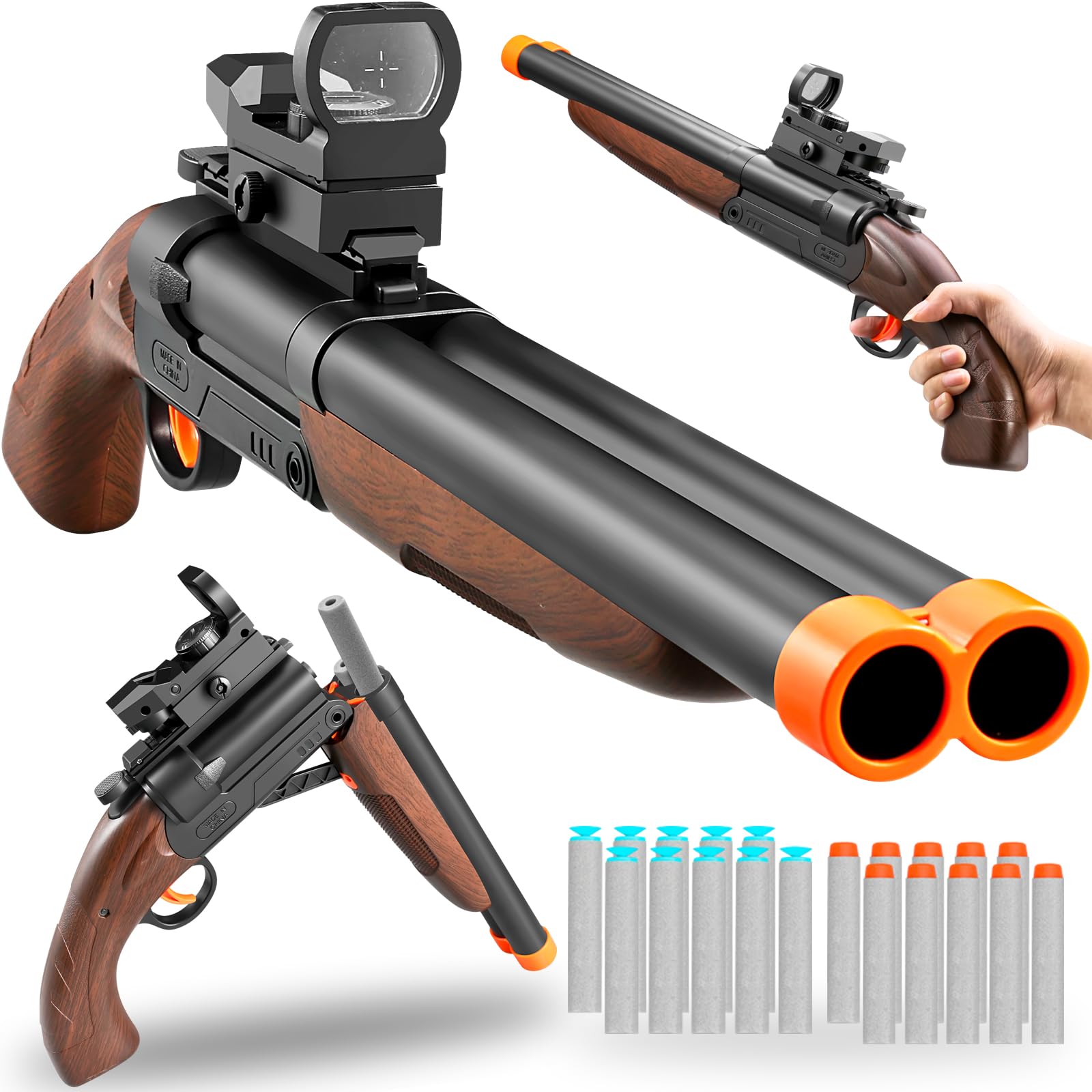 Double Barrel Toy Shotgun with Soft Bullets - Realistic Foam Blaster Gun for Kids, Sniper Rifle with Scope & Safe Rubber Bullets - Boys Outdoor Toys for Ages 6-12 (Brown)
