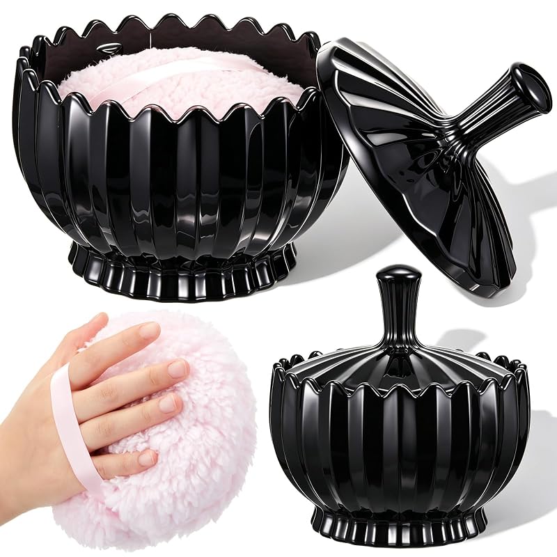 Tioncy Conjunto com 2 peças: esponja para pó e recipiente de vidro preto com borda recortada