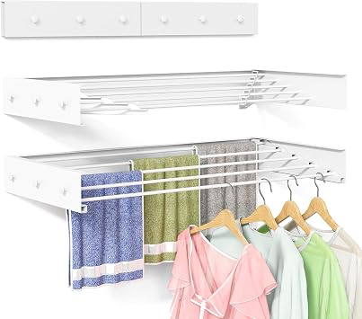 Wall Mounted Drying Rack for Laundry 40, Folding Drying Rack Clothing Wall Mount with 5 Rods and 6 Hooks, Space Saving for Indoor Outdoor Bathroom Balcony White, 40