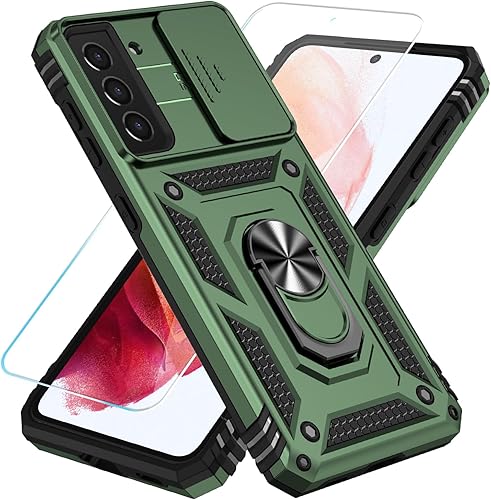 SunStory Funda para Samsung Galaxy S21 con protector de pantalla HD, funda para cámara deslizante y soporte de anillo giratorio, grado militar [2 en