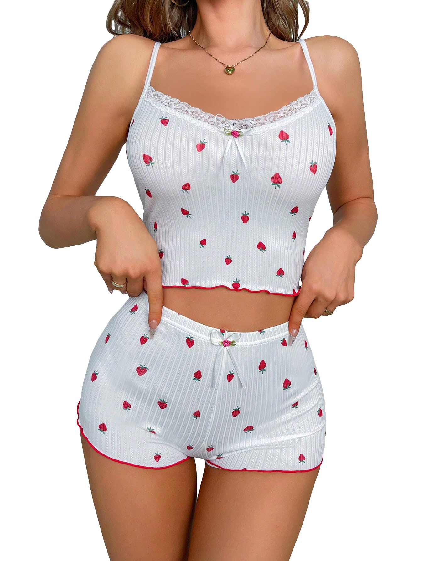SOLY HUX Women's Pajama Set Strawberry Print Lace Trim Cami Top and Shorts Lounge Sets Sleepwear: X-Large White Strawberry