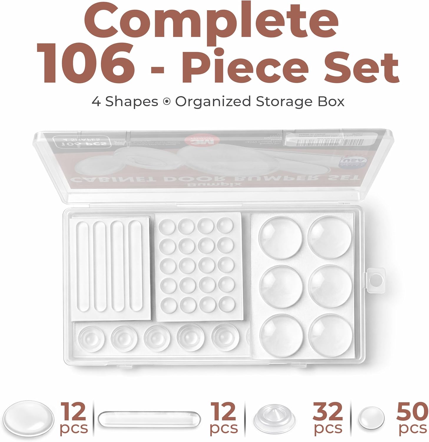 Clear Cabinet Door Bumpers, 106 Pack, 4 Shapes, Self-Adhesive Silicone Pads, Sound-Dampening Protectors for Cabinets, Drawers, Furniture, Walls, and Door Handles