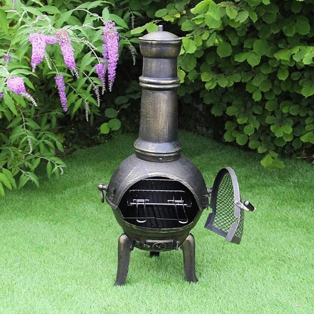 Chiminea Outdoor Patio Heater Garden Log Fire Pit Burner Wood Cast Iron Chimney Chimenea BBQ Frost Proof Spark Guard Rain Cover Poker Barbeque Toasting Rack | Bronze Effect | 110cm Tall