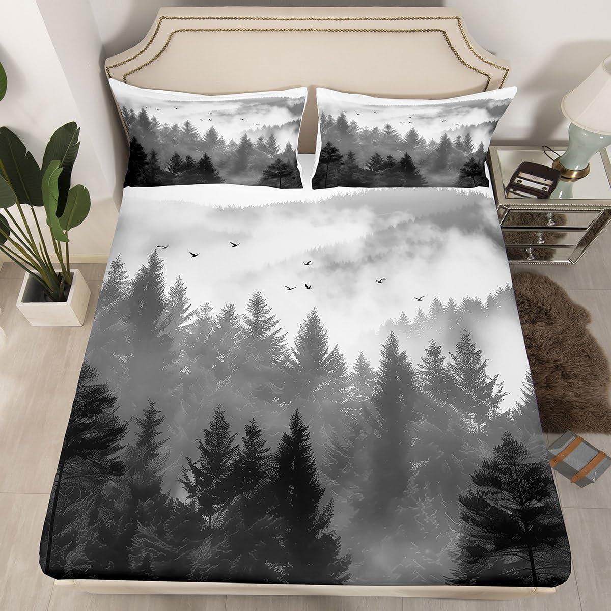 Black Misty Forest Fitted Sheet Full Size,Men Nature Tree Bed Sheets for Adults Men Women Modern Room Decor,Smoky Mountain Sheets Rustic Woodland Bedding Set,Grey