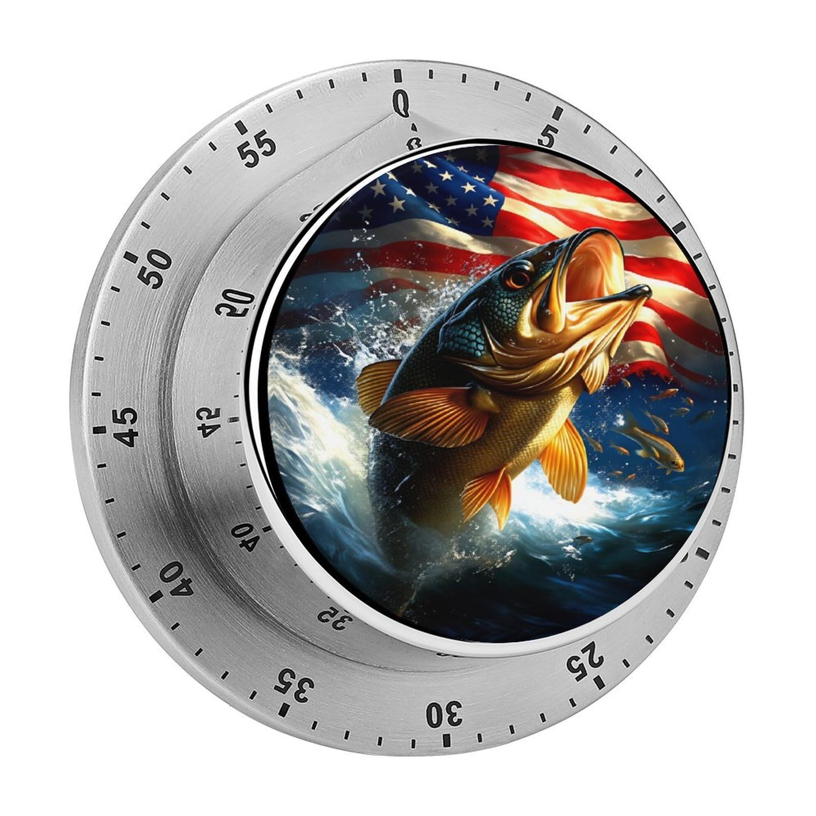 Patriotic Bass Fish American Flag 60 Minute Wind Up Timer,Visual Mechanical Magnetic Timer with Loud Alarm for Kitchen