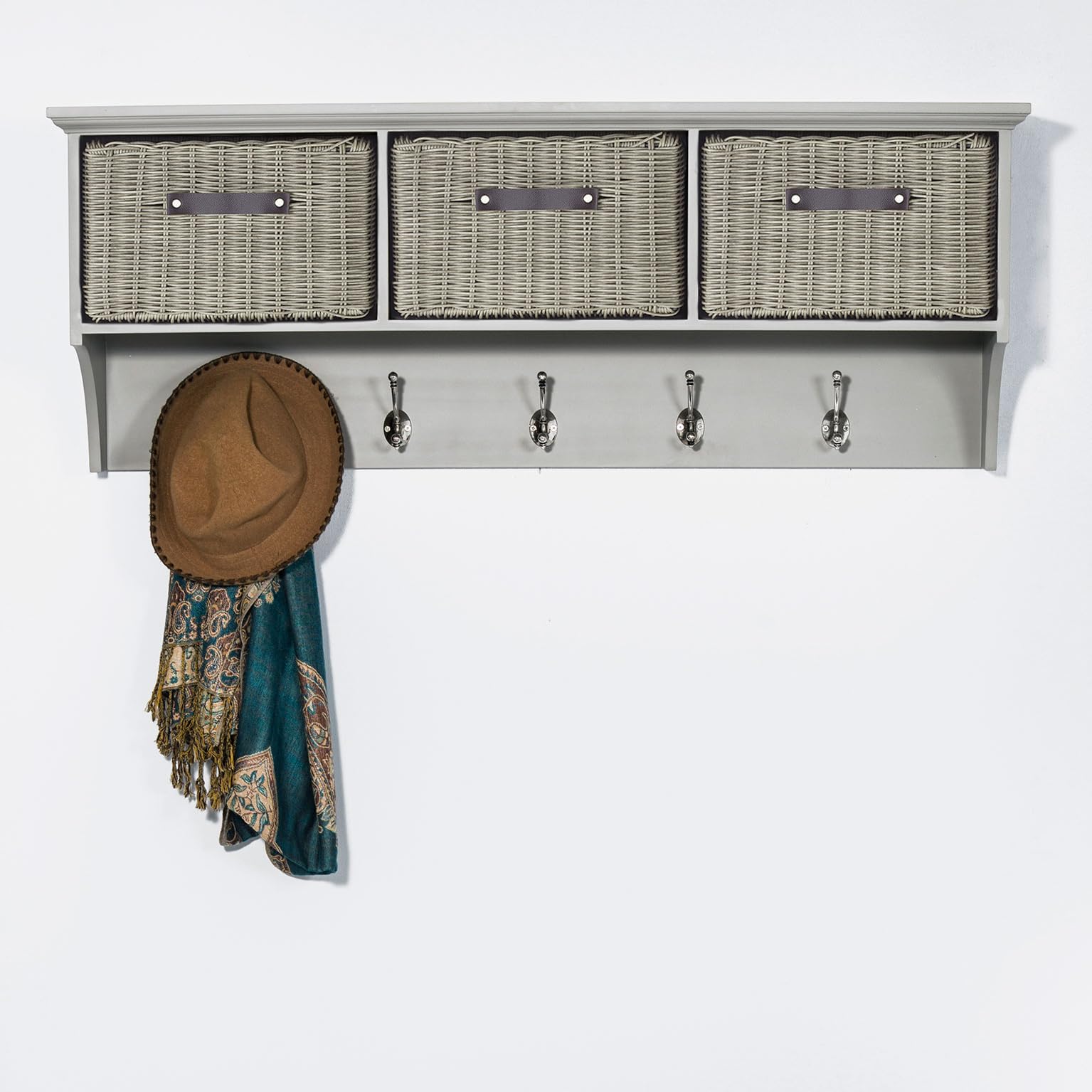 Tetbury Wall Mounted Coat Rack with Storage Baskets | Hanging Shelf 4-5 Double Hooks, Washable Baskets | Fully Assembled Hallway Furniture (dove grey, large)
