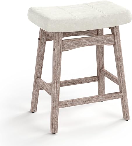 Miniatura 11 de MAISON ARTS Juego de 2 taburetes de bar beige para encimera de cocina, patas de madera maciza con asiento de cuero sintético, taburetes de bar de