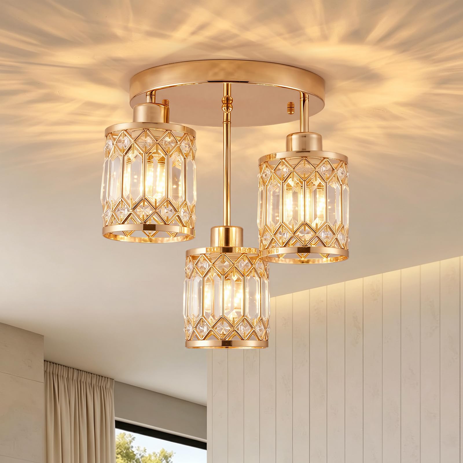 Warmiehomy Gold Chandeliers Ceiling Lights, 3-Light Crystal Chandeliers