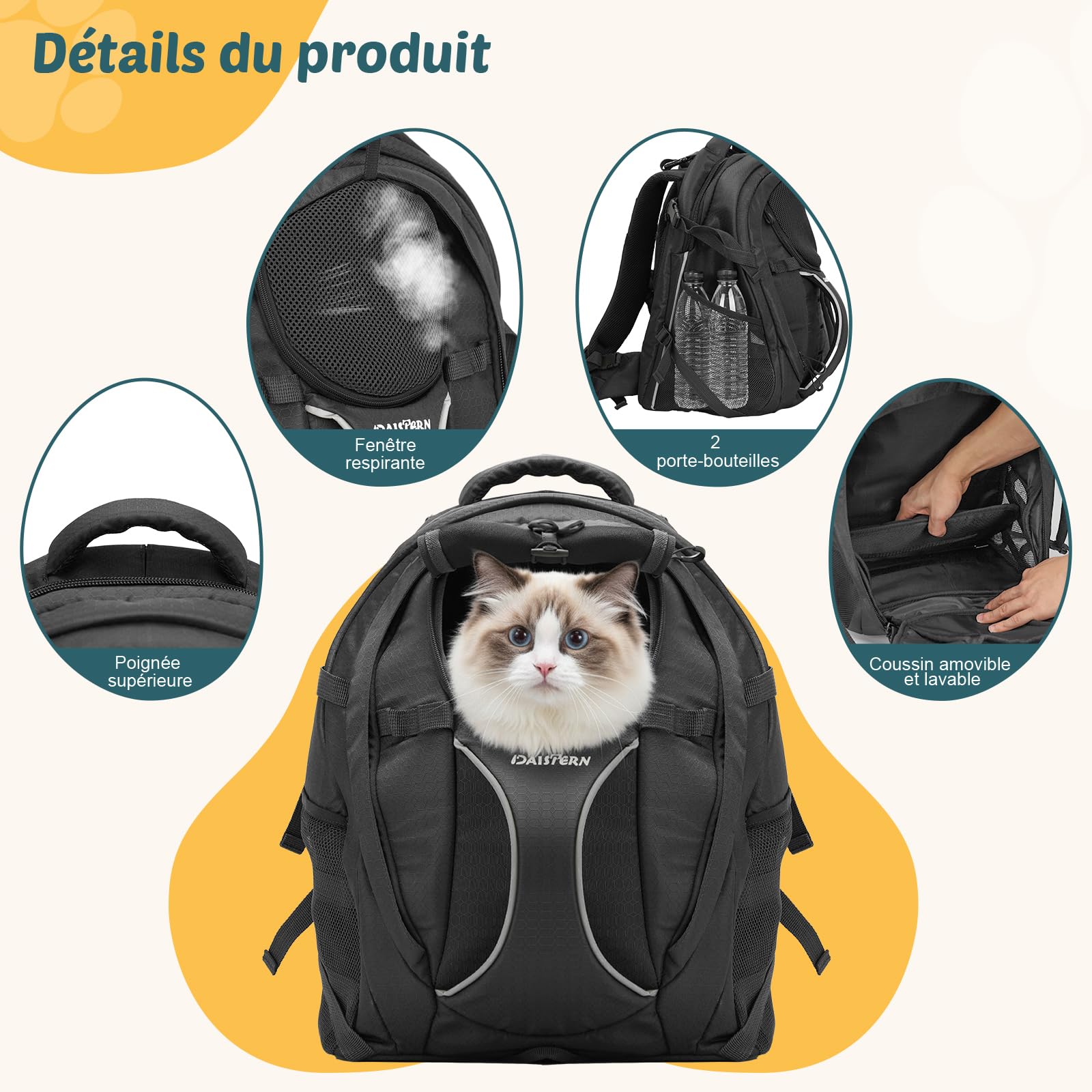 Sac à Dos Chien Chat jusqu'à 8kg, Transport Ergonomique Randonnée avec Compartiment PC, Nylon 600D Robuste, Aéré, Fond Stable & Coussin Lavable, Idéal pour Excursion Camping Voyage